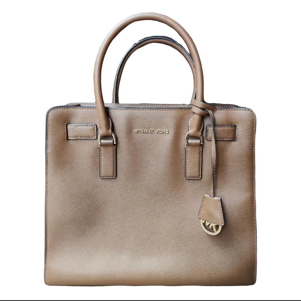 Michael Kors Dillon Medium Saffiano Leather Satchel Taupe Tan Bag Purse - EUC